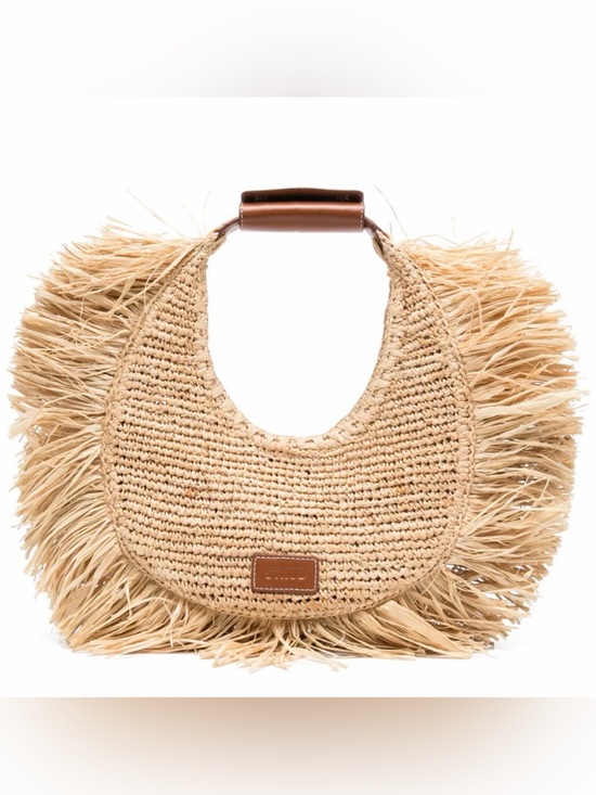 STAUD Handbags - STAUD Natural Raffia Fringe Shoulder Bag with Brown Handle